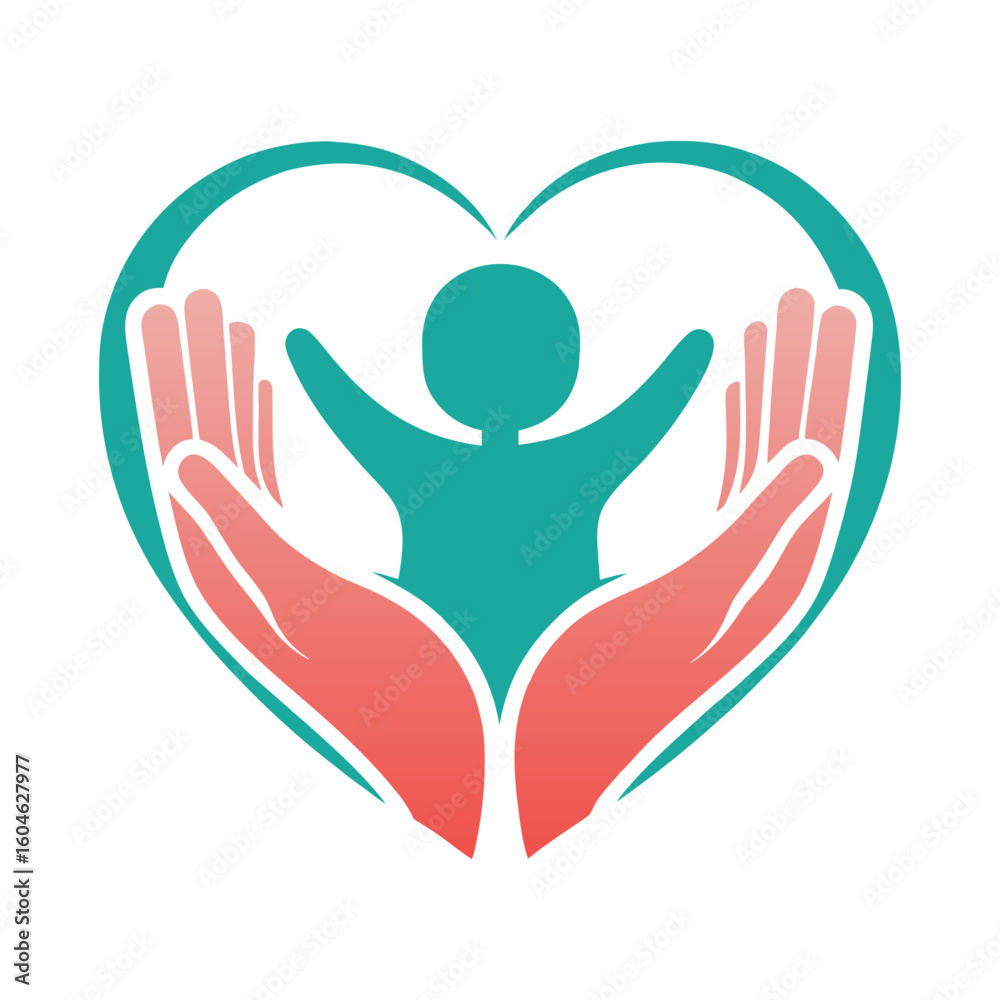 Obraz premium Teal heart shape cradling coral hands around a teal person with arms raised vector