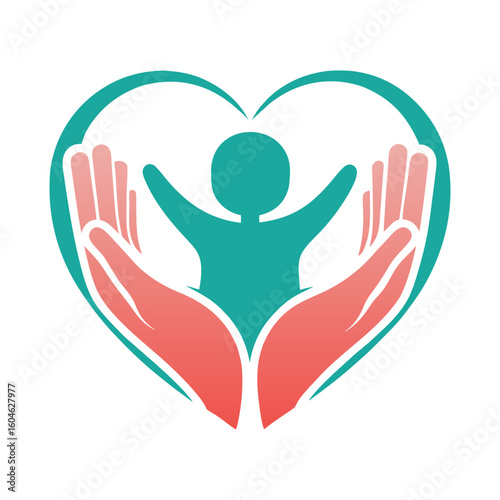 Teal heart shape cradling coral hands around a teal person with arms raised vector