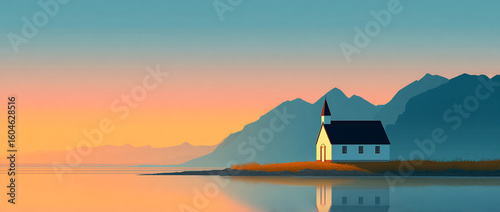 Minimalist of a small white church with a black roof. In front is a lake and mountains, with an orange and blue gradient sky.