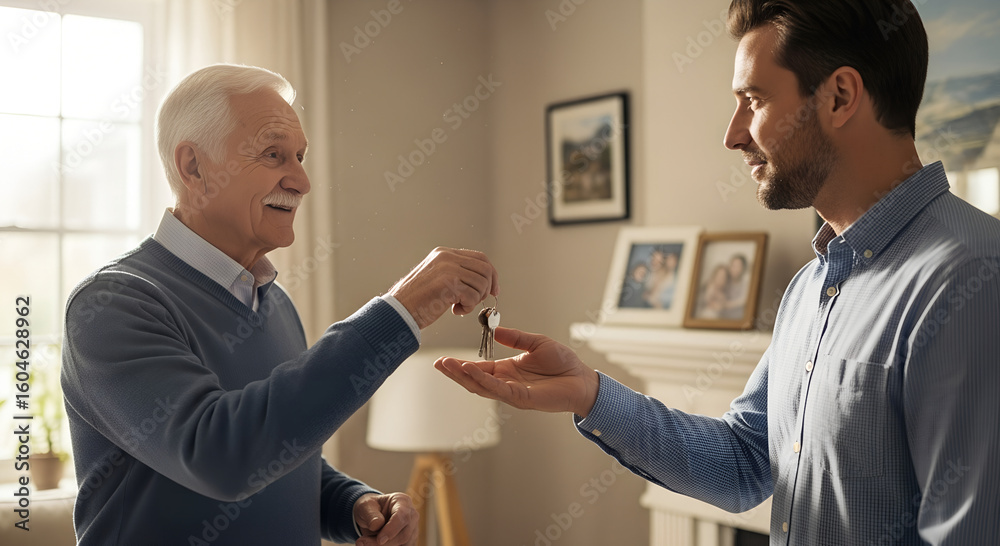 Elderly man giving house keys to son. Concept of inheritance, trust, family values and responsibility. Elderly man giving house keys to son. Concept of inheritance, trust, family values and responsibility.
