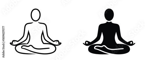 minimalist meditation icon showing seated figures in lotus pose with hand mudra, black and white vector symbol of mindfulness and calm
