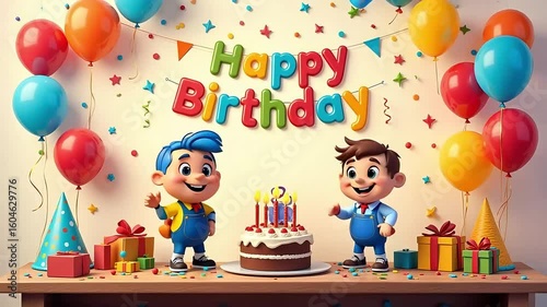 Vibrant happy birthday celebration with balloons, cake, and presents for joyful event
