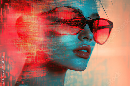 Art portrait of a stylish girl in sunglasses in grunge style, double exposure. Portrait of a woman with a glitch on her face.