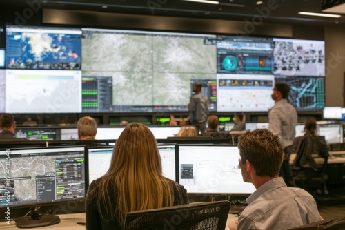 Emergency operations center diverse team monitors disaster alerts on screens maps data dashboards