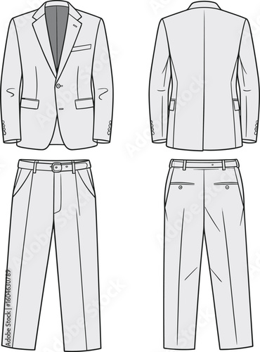 Men's formal suit CAD technical flat sketch, front and back view with blazer and pants, vector fashion illustration template design