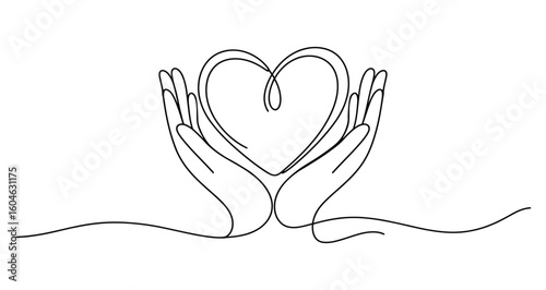single line art of hands holding heart shape, minimalist continuous drawing symbolizing care, love, compassion, support and protection