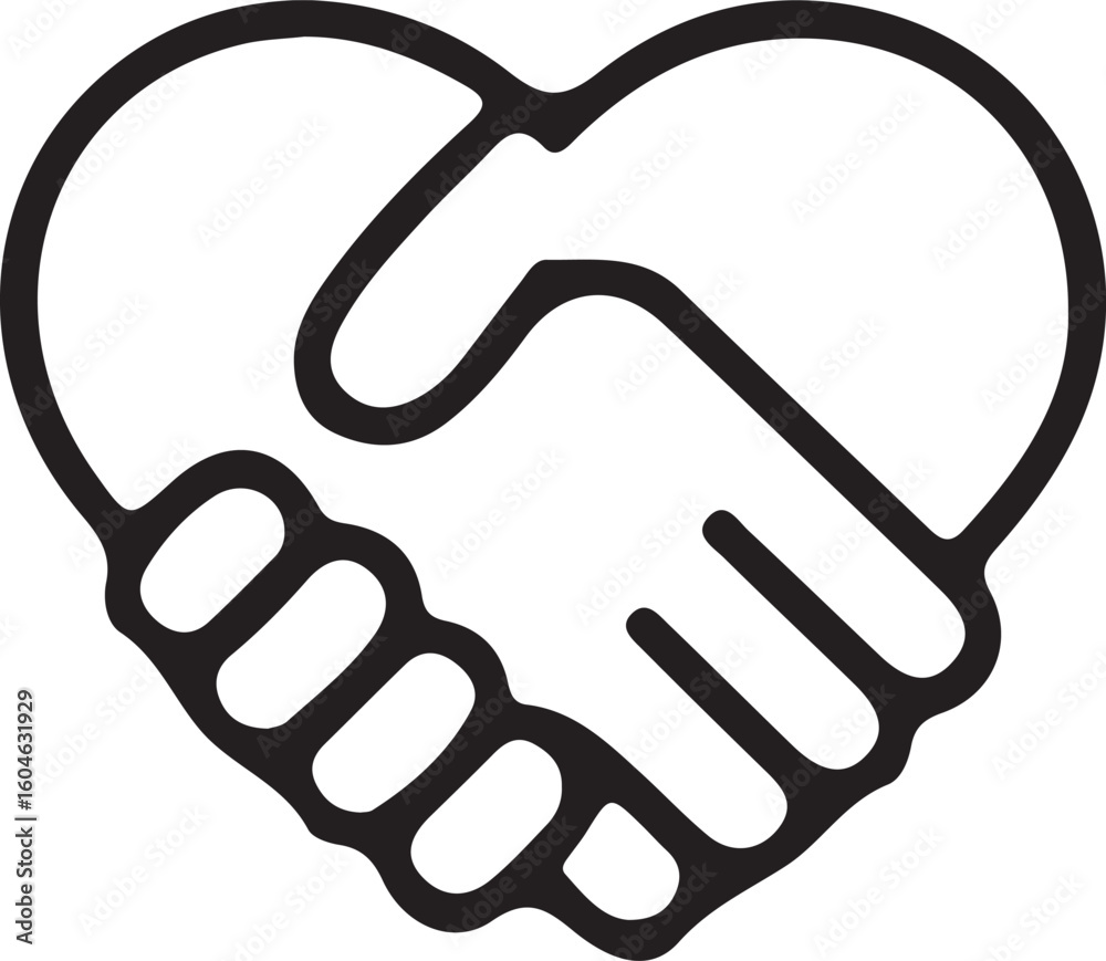 Fototapeta premium Black outline of hands shaking inside a heart shape