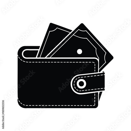 Black and white illustration of a wallet with money inside, simple design
