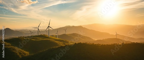 Golden hour sunlight bathes wind turbines atop a verdant mountain range  ,   renewable resources,   landscape