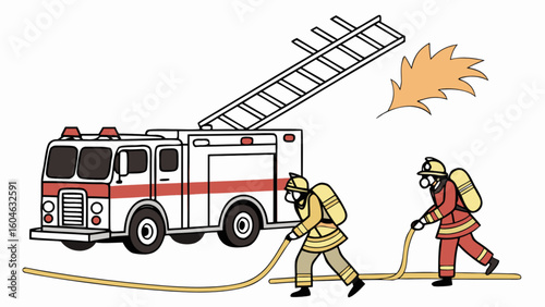 Firefighter rescue team in action with fire truck and hose extinguishing fire emergency scene illustration