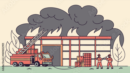 Firefighters responding to building fire emergency with fire truck and smoke rescue operation vector art