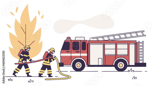 Firefighters extinguishing fire with fire truck vector illustration for emergency services and rescue operations