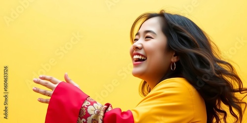 Full body, joyful Indonesian, large step, yellow background,  bright,  model