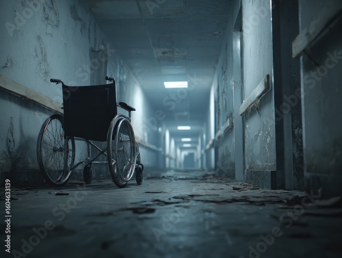 Wheelchair in a dark, abandoned corridor; for thriller story, hospital scene usage
