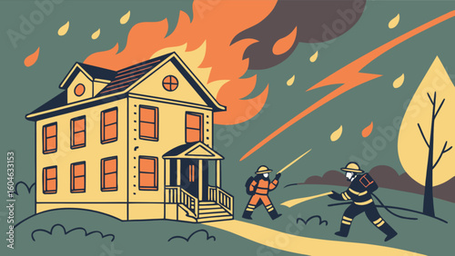 House fire emergency firefighters in action fighting flames and smoke to rescue property and save lives
