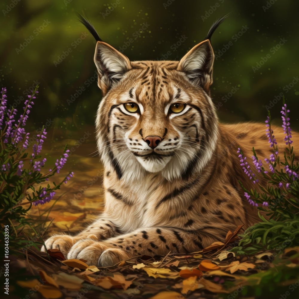 Fototapeta premium Eurasian Lynx in Autumnal Forest: Stunning Wildlife Art