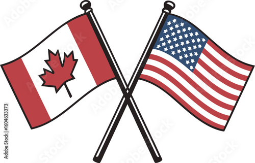Red and white Canadian flag, and American flag with a patriotic fist or hand symbol
