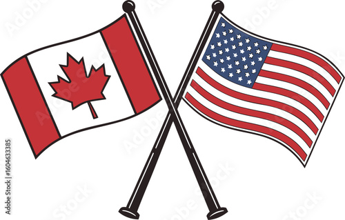 Canadian and American flags, national symbols of alliance, isolated on a white background, representing patriotism