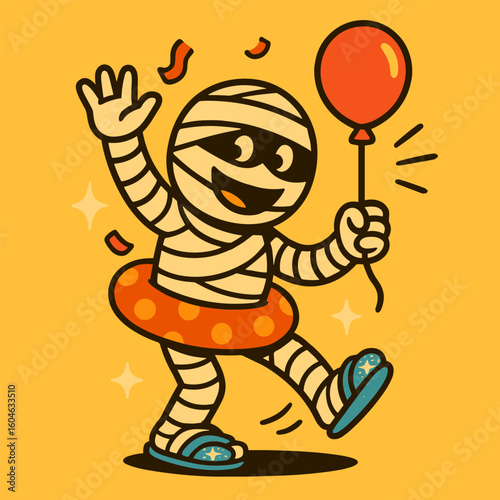 A cheerful mummy twirls joyfully with sparkly flip-flops and confetti, clutching a party balloon on a sunny yellow backdrop in a funky cartoon style.