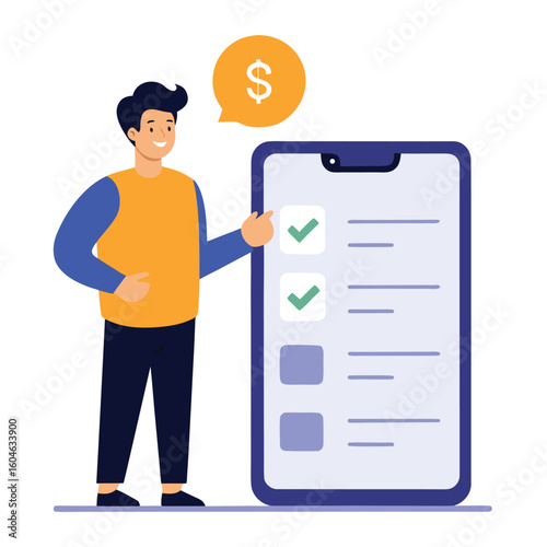 Man using mobile app for freelance job isolated on white background