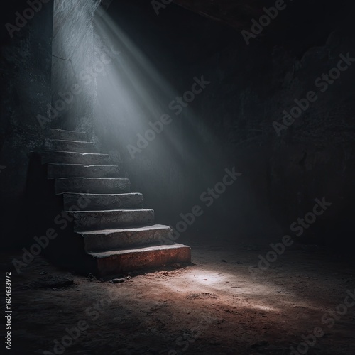Stone steps leading up to a light source in a dark, mysterious basement