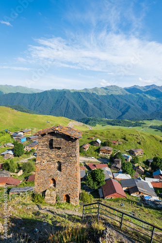 Omalo village landscape, Upper Omalo in Tusheti, Georgia, with Tush towers. Omalo is an ancient village located in a popular hiking area in Tusheti, Georgia
