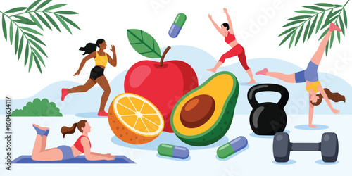 healthy lifestyle concept with diverse people exercising, nutritious foods, and fitness gear in minimalist black and white wellness vector set