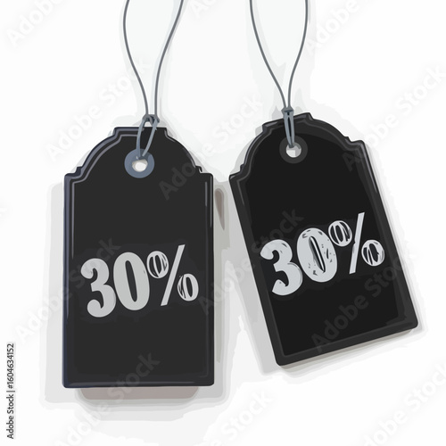 Elegant black hanging price tags showing a thirty percent discount. A 3D illustration for sales and promotions.