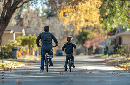 Wallpaper Mural touching scene of father and son on bike, father teaching son to ride bike on street, rear view Torontodigital.ca