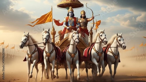 Majestic Hindu Gods on War Chariot with White Horses and Battling Army