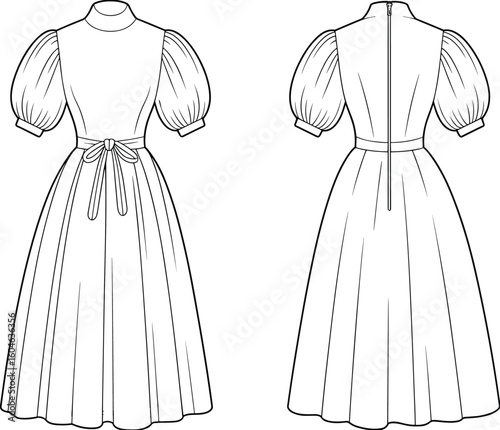 Puff sleeve midi dress fashion flat sketch, high neck vintage inspired gown with waist bow and zipper back vector illustration