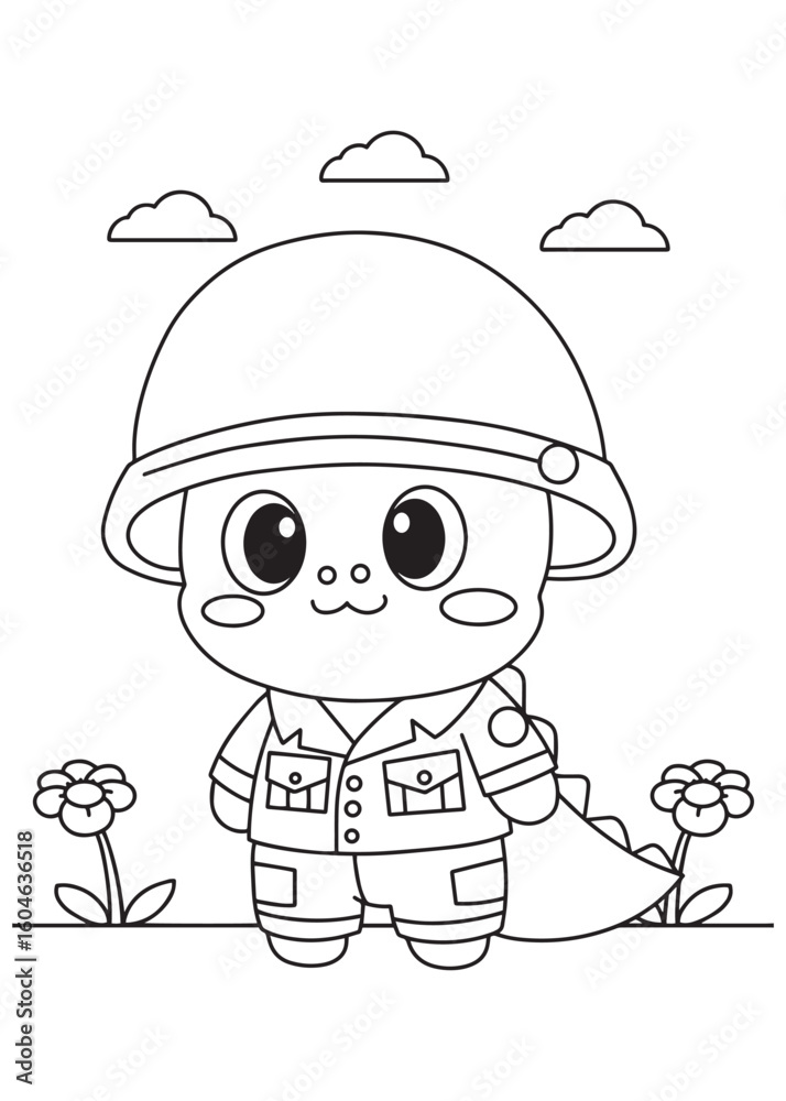 Coloring book dragon dressed as a soldier. Coloring book dragon dressed as a soldier.