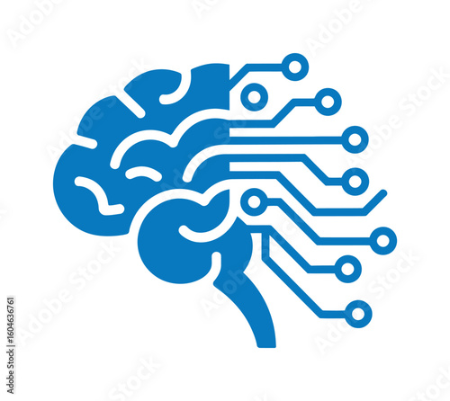ai brain with integrated circuits, black and white vector icon representing artificial intelligence, machine learning, and tech cognition concepts
