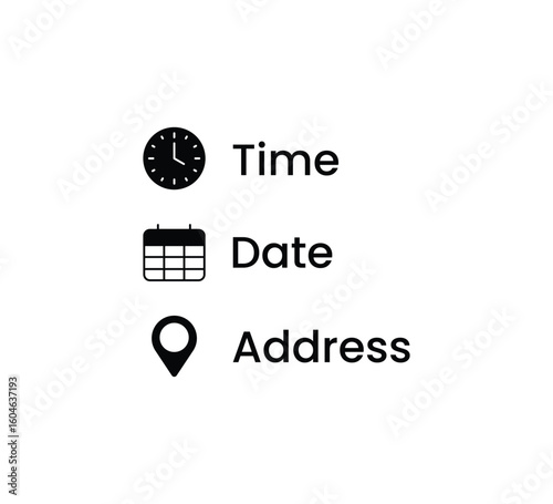Time, Date, Address vector icons. Perfect for event invitations, contact information, or scheduling apps