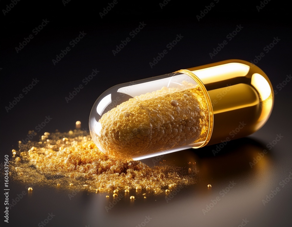 Fototapeta premium unique capsule filled with golden powder and granules displayed on a dark surface