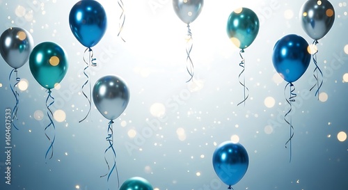 Shiny blue and silver party balloons with curly ribbons float against a bright, sparkling background.