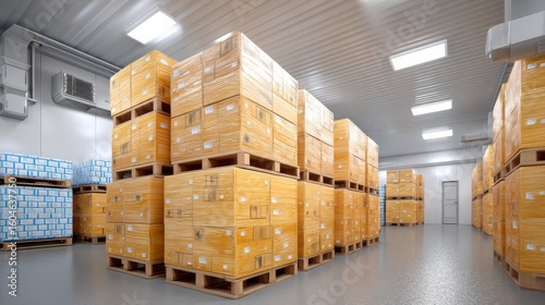 Pallets Stacked with Cardboard Boxes of Frozen Foods in a Temperature Controlled Storage Facility