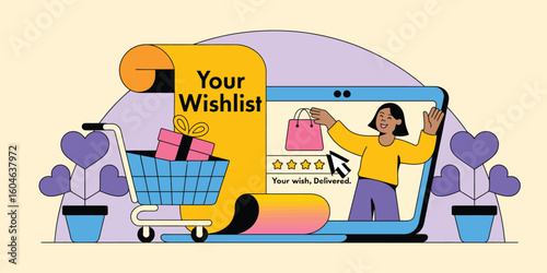 Online wishlist illustration featuring shopping cart, gift boxes, scroll, laptop, and slogan promoting digital retail, gifting, and fulfillment