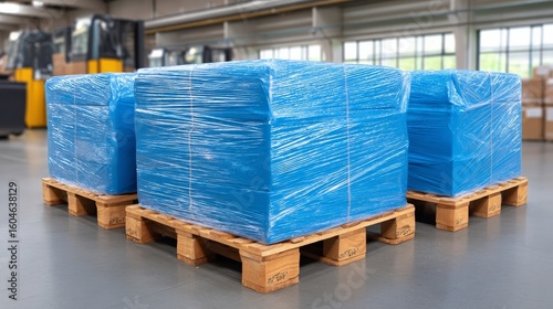 Pallets with Various Packaged Goods Wrapped in Blue Stretch Film in a Modern Warehouse
