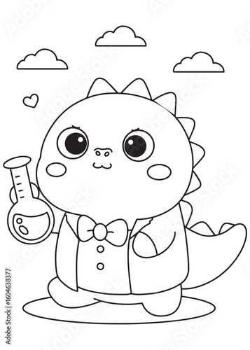 Coloring book dragon scientist with a beaker.