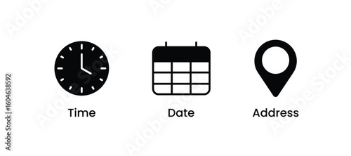 Black solid icon set of time, date, and location. Perfect for event invitations, web interfaces, mobile apps, schedules, calendars, contact info, and modern UI/UX design projects. Clean and simple sty