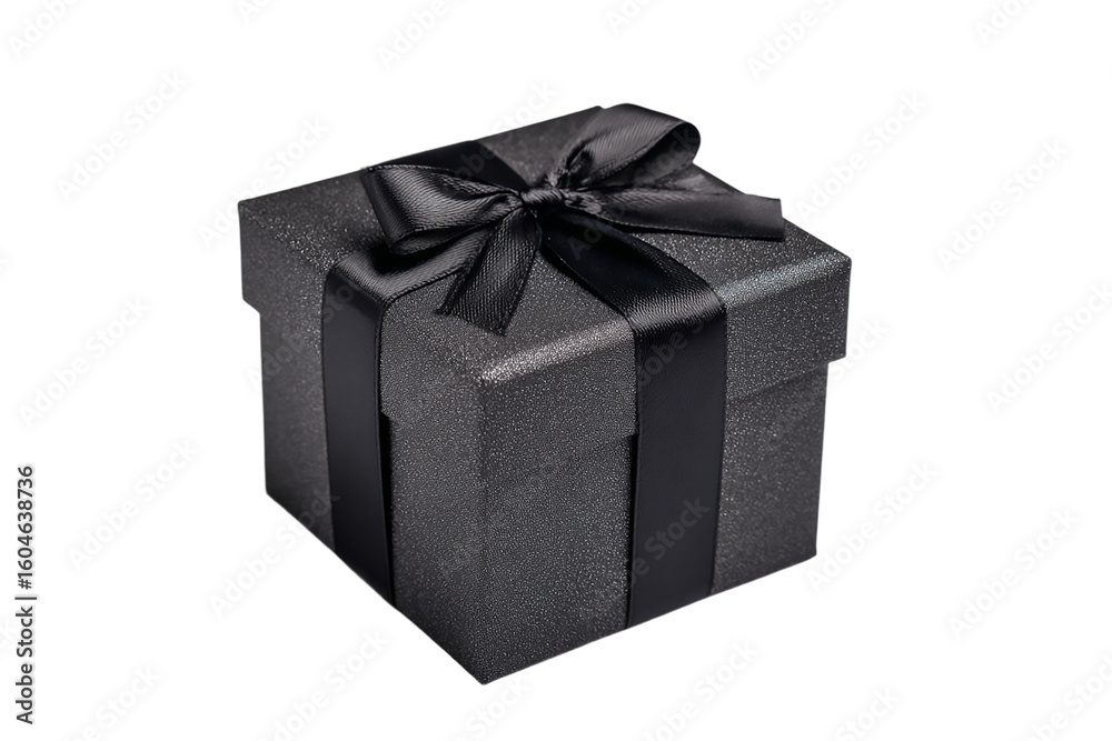 Obraz premium A sleek black gift box with a matching ribbon and bow isolated on transparent background