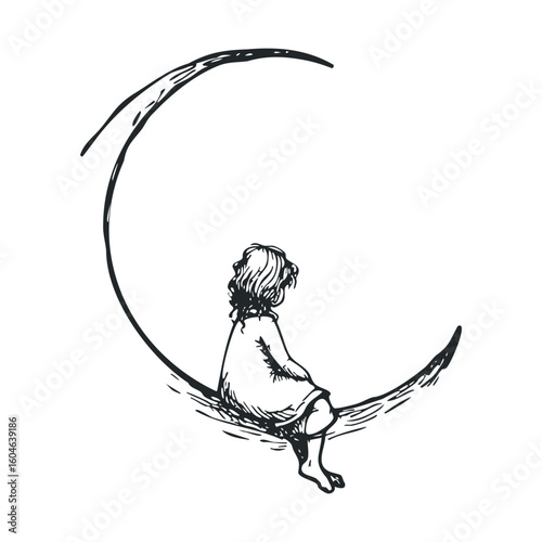 Little girl sitting on crescent moon in dreamy illustration style