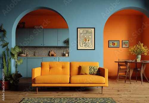 Vibrant interior design. Living room with a yellow sofa and a blue integrated kitchen with an arch and orange wall. An explosion of color and style.