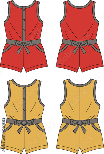 Sleeveless romper flat sketch, front and back view, belted waist design, button-up playsuit, casual summer wear fashion illustration vector
