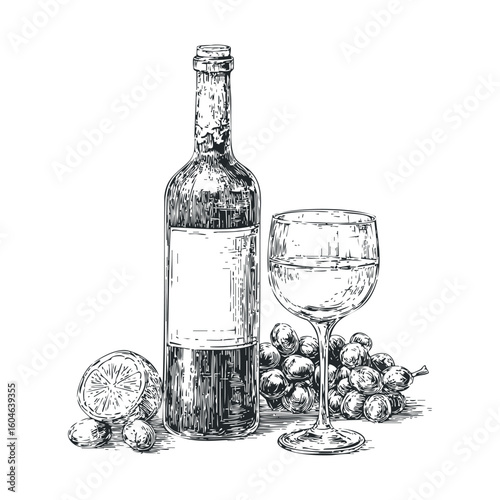 Wine and grapes with sliced lime on a rustic table setting