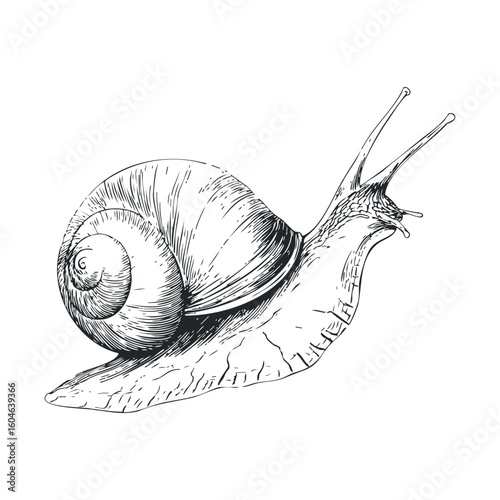 Snail crawling on leaf in nature closeup with incredible detail