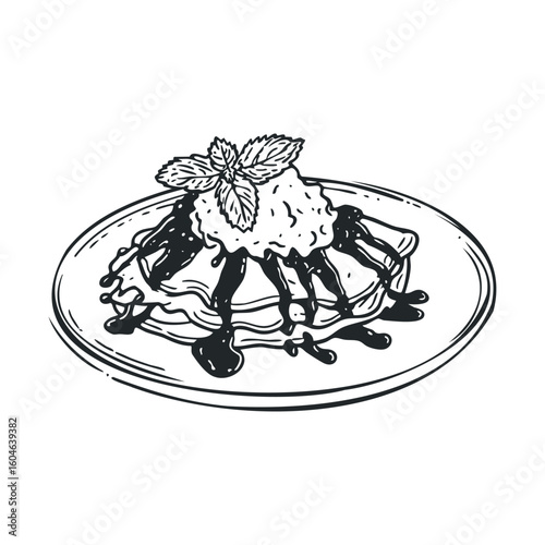 Delicious dessert featuring pancakes drizzled with chocolate sauce