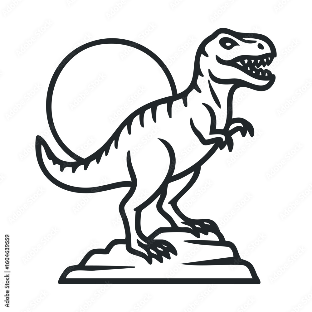 Fototapeta premium T rex dinosaur standing on a rock with a sun backdrop