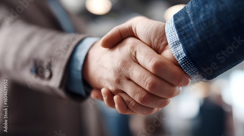 Close-up of a handshake between professionals with a blurred office background.
Concept :Partnership, agreement, business deal, trust, professional collaboration.